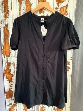 Peruvian Connection Black Pima Cotton Button Front Blouse Size L Puff Sleeve